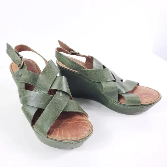 Born Leather Spring Green Strappy Platform Wedges Heels - Picture 5 of 7